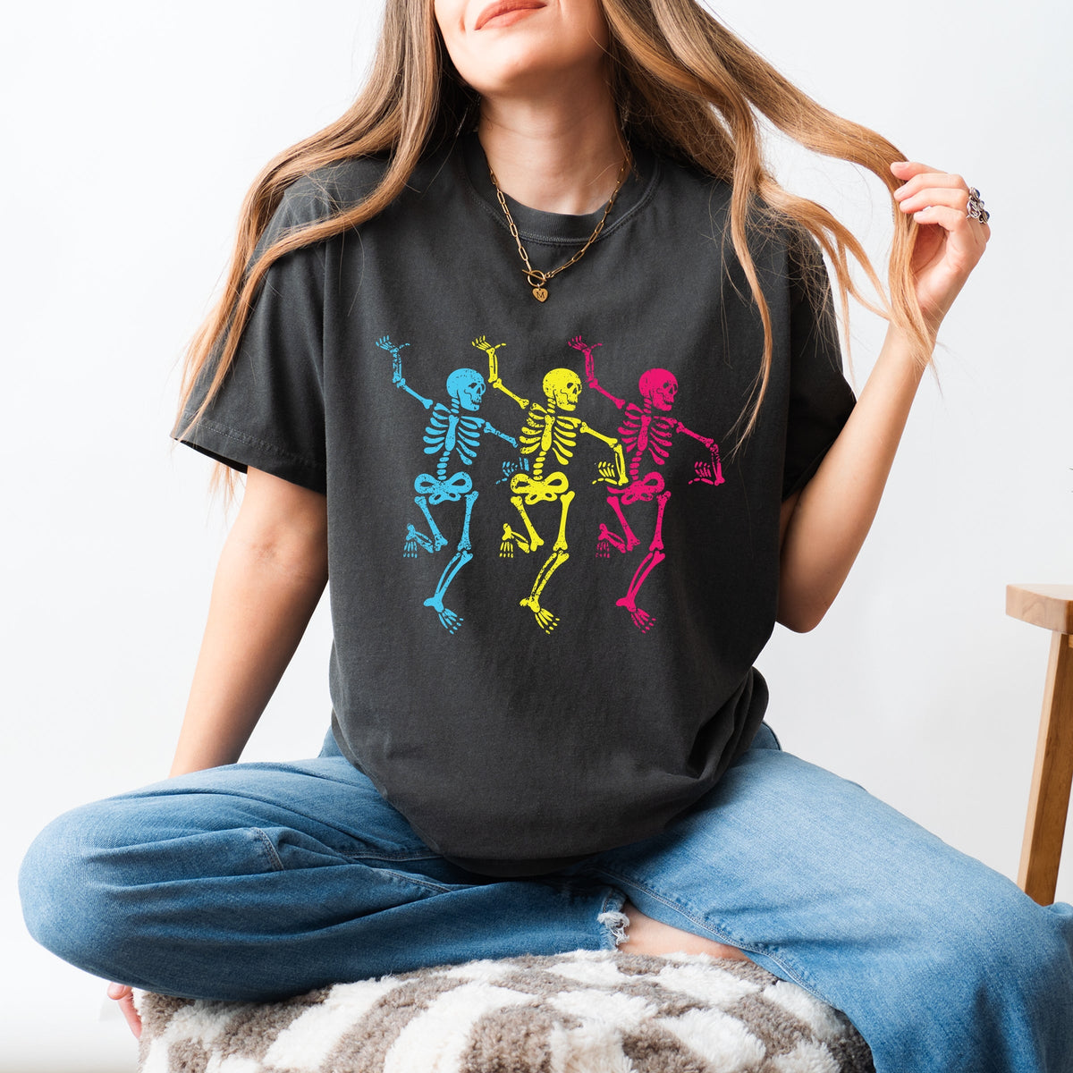 Three Skeletons Dancing Neon - Women's Garment Dyed Graphic T-Shirt