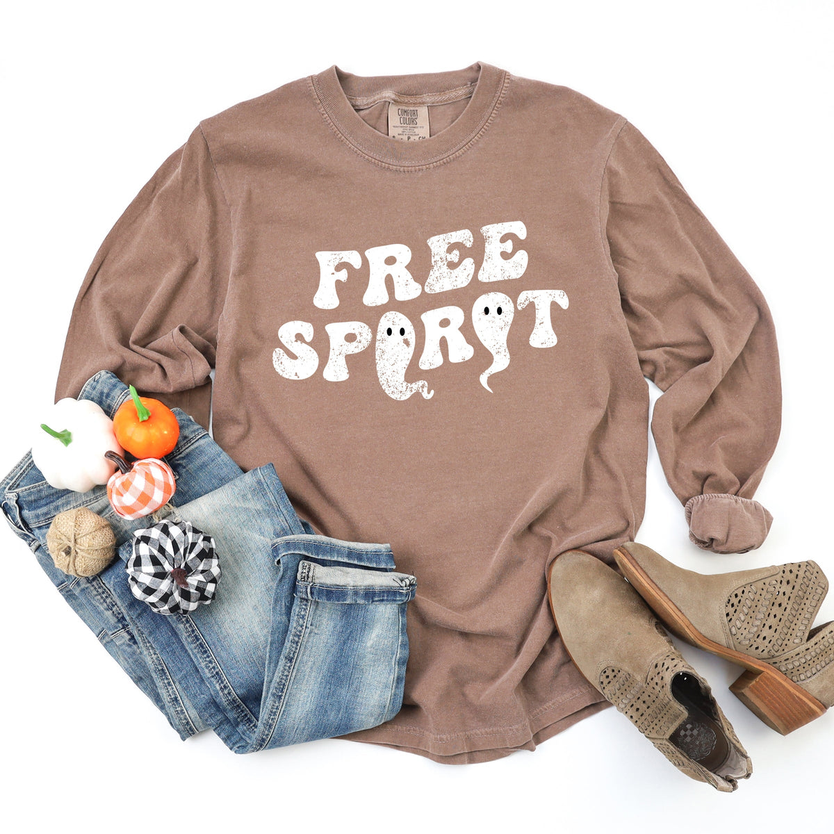 Free Spirit Ghost Distressed - Women's Garment Dyed Long Sleeve Graphic T-Shirt