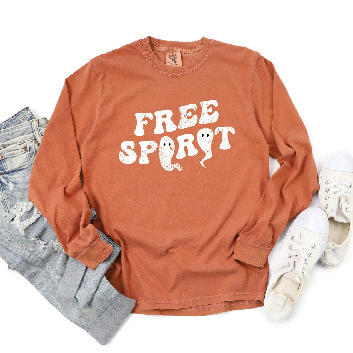 Free Spirit Ghost Distressed - Women's Garment Dyed Long Sleeve Graphic T-Shirt