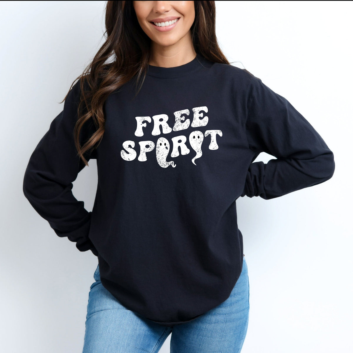 Free Spirit Ghost Distressed - Women's Garment Dyed Long Sleeve Graphic T-Shirt
