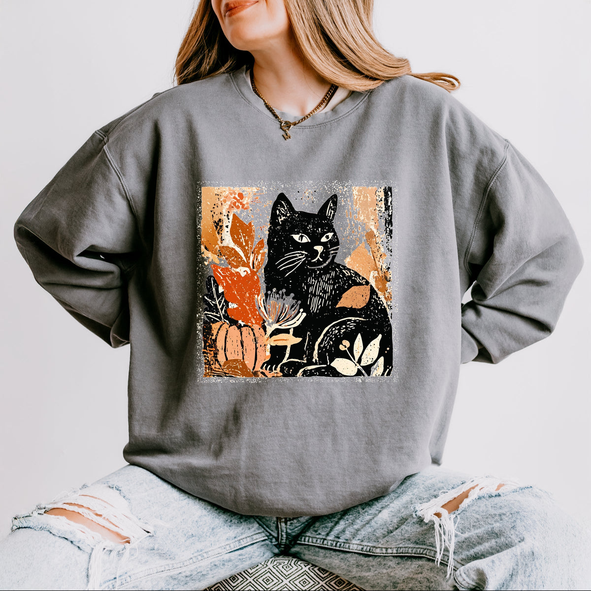 Black Cat Fall Leaves Distressed - Women's Lightweight Garment Dyed Sweatshirt