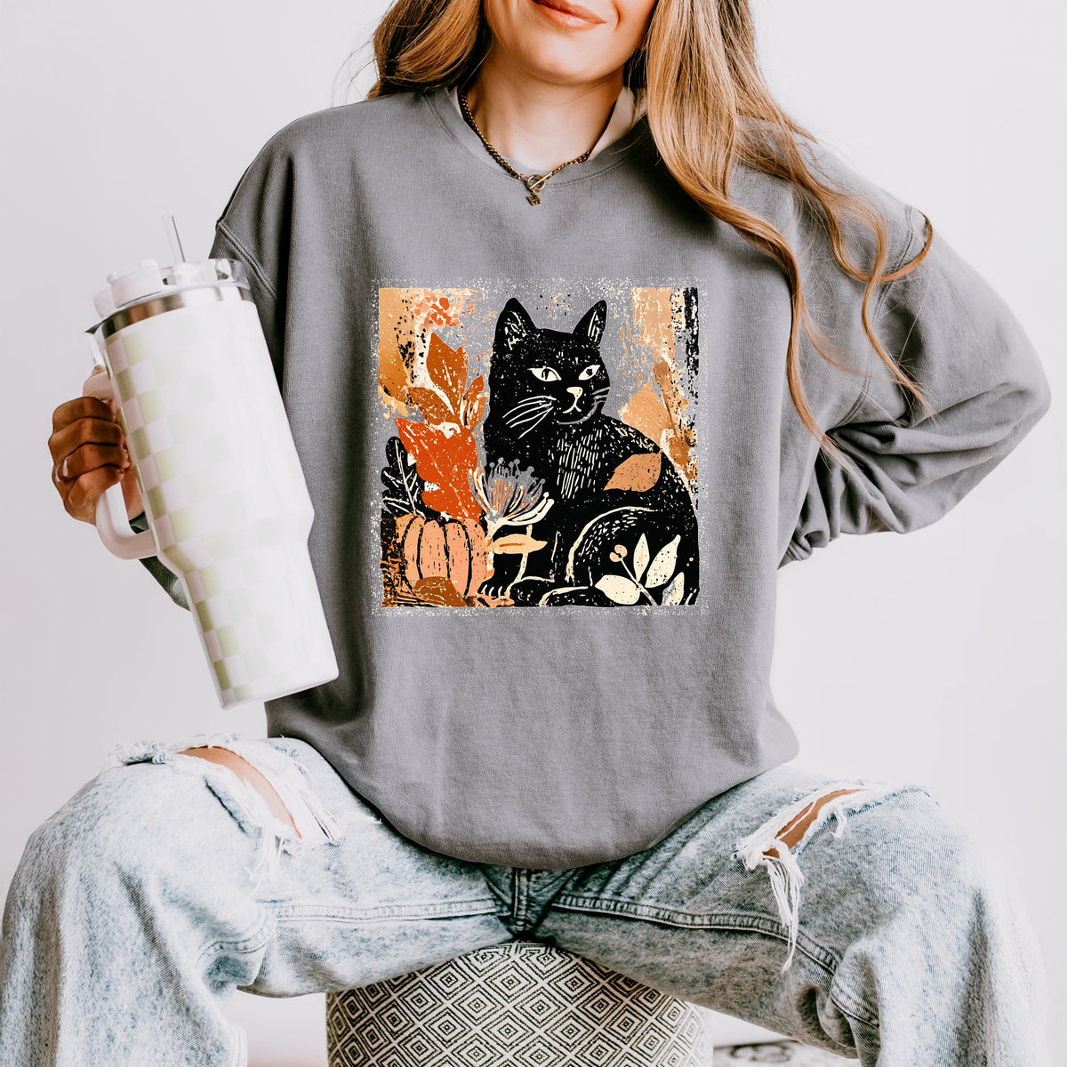 Black Cat Fall Leaves Distressed - Women's Lightweight Garment Dyed Sweatshirt
