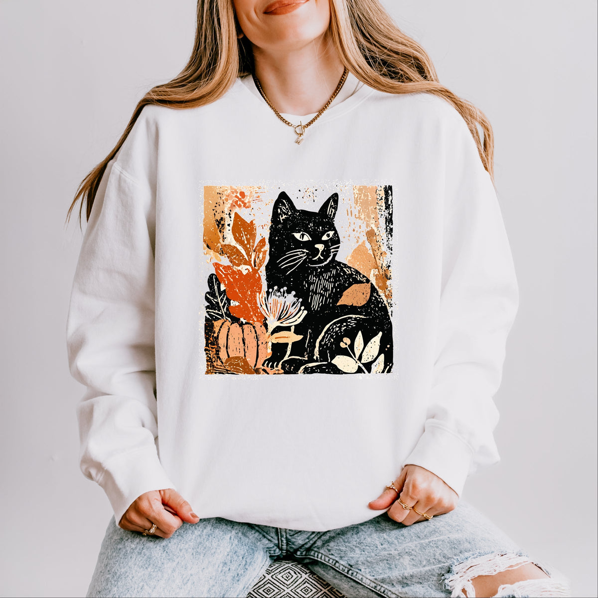 Black Cat Fall Leaves Distressed - Women's Lightweight Garment Dyed Sweatshirt