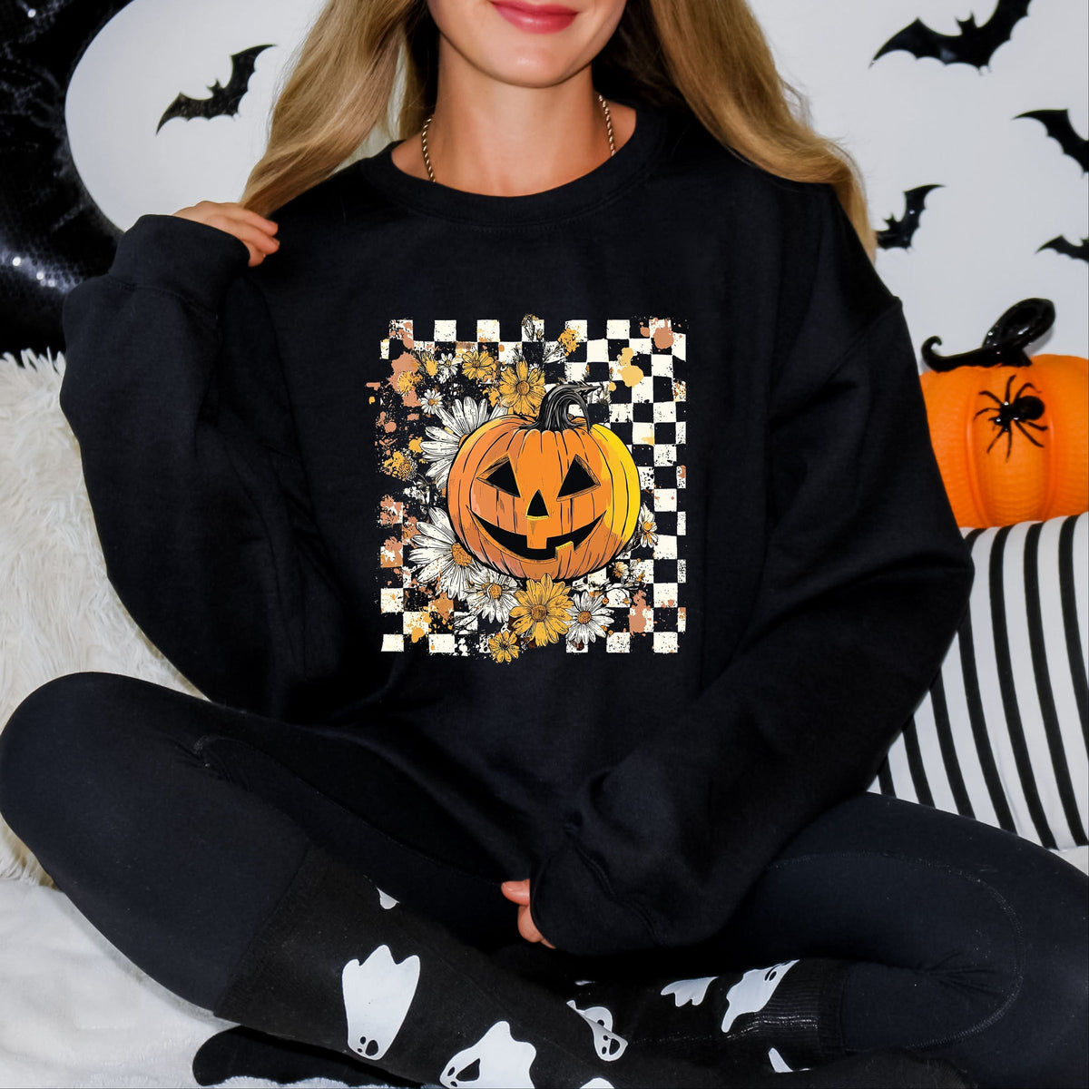 Carved Pumpkin Checkered Floral - Women's Sweatshirt