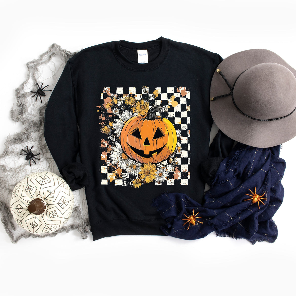 Carved Pumpkin Checkered Floral - Women's Sweatshirt