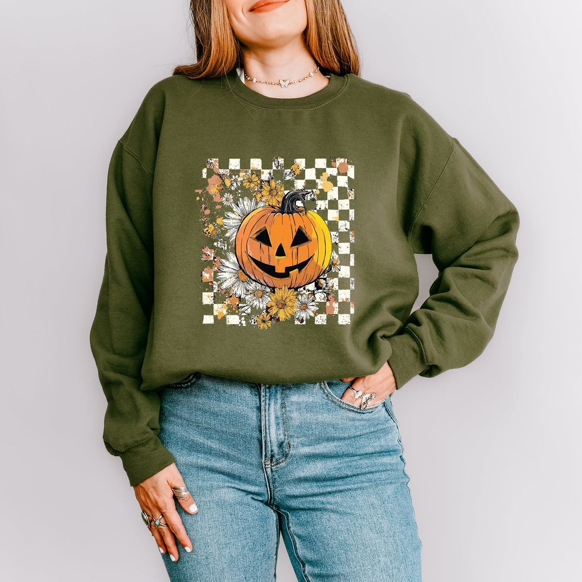 Carved Pumpkin Checkered Floral - Women's Sweatshirt