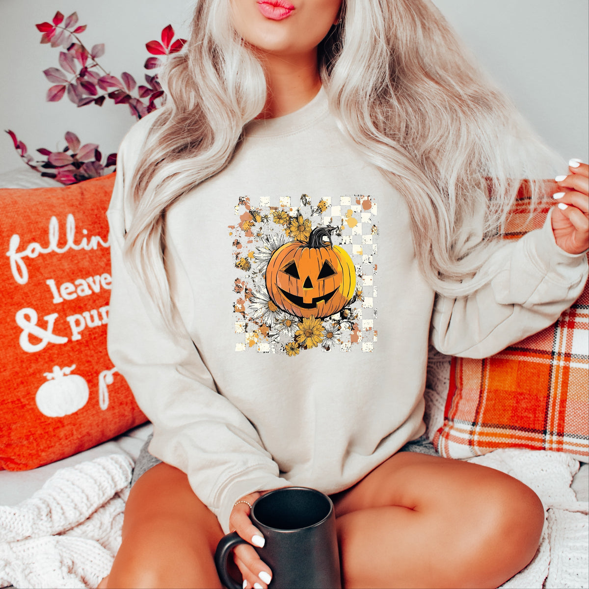 Carved Pumpkin Checkered Floral - Women's Sweatshirt