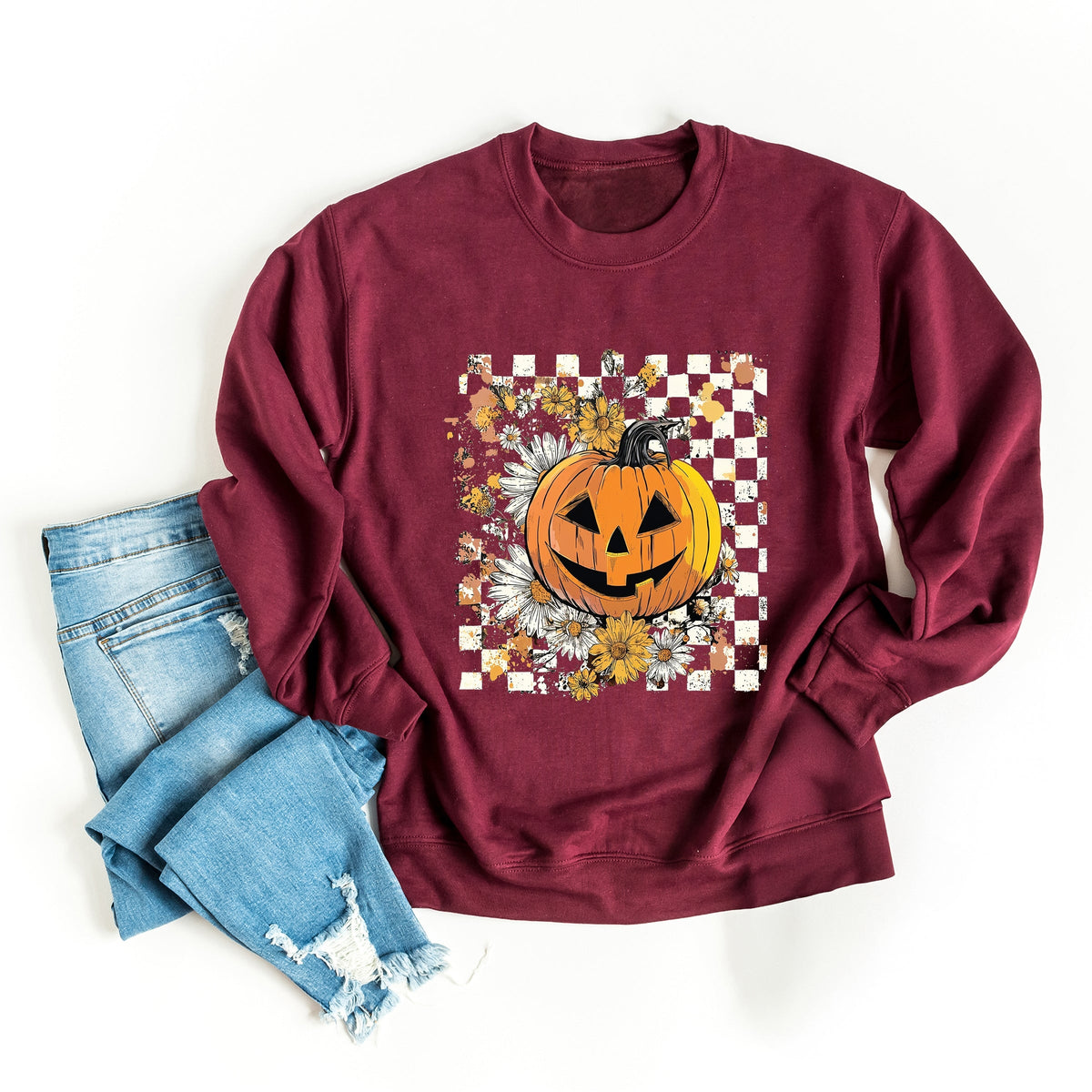 Carved Pumpkin Checkered Floral - Women's Sweatshirt