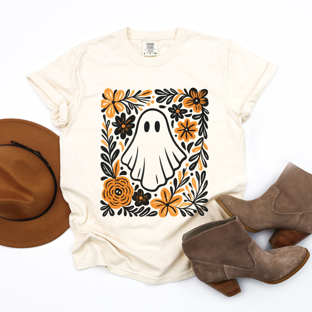 Ghost Floral Orange - Women's Garment Dyed Tee