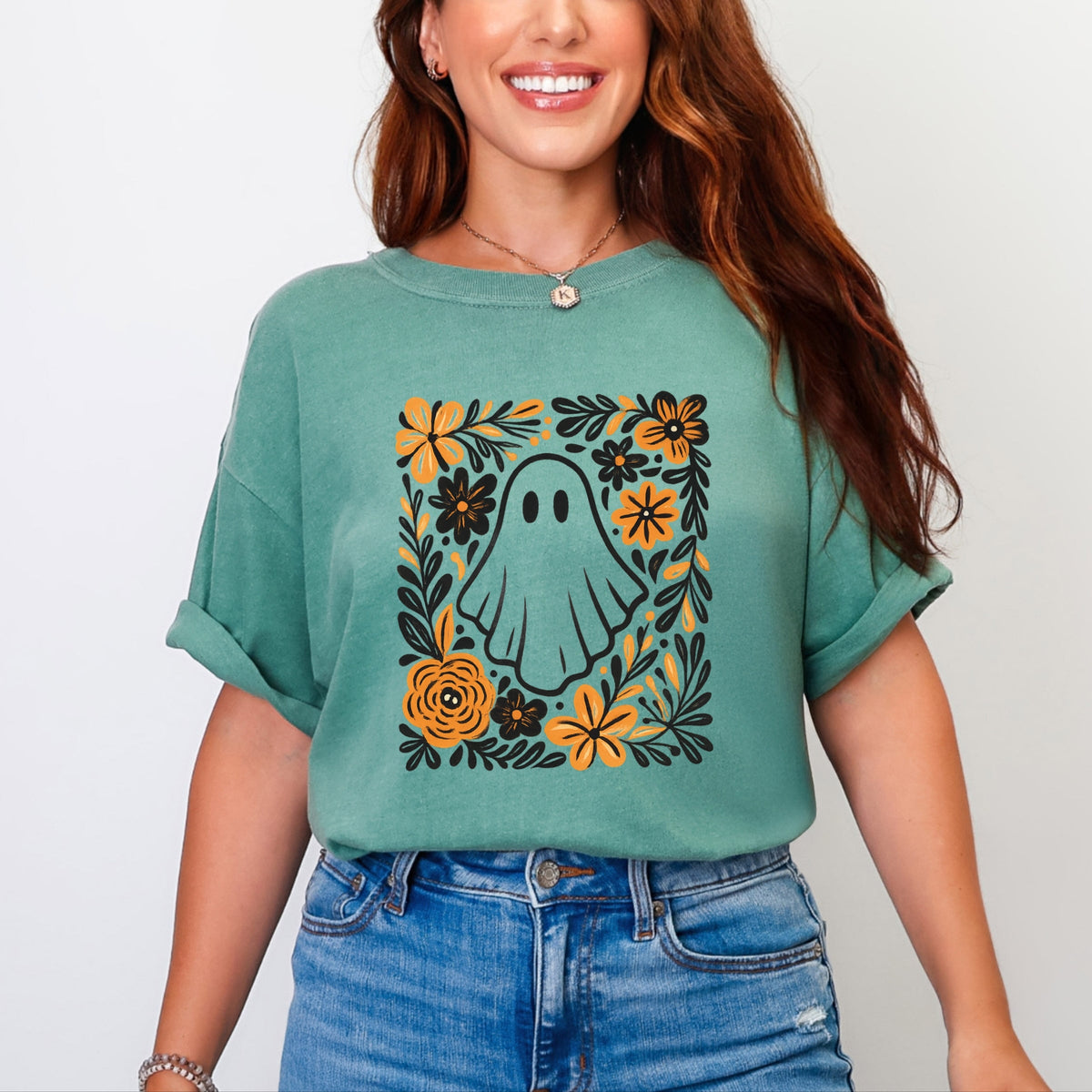 Ghost Floral Orange - Women's Garment Dyed Tee
