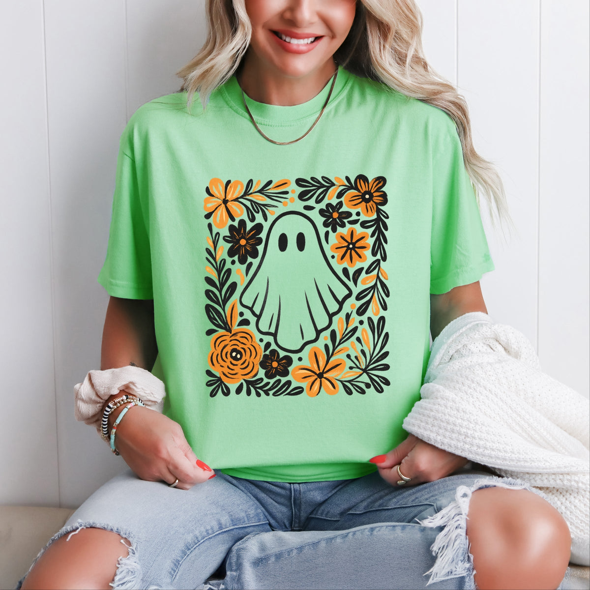 Ghost Floral Orange - Women's Garment Dyed Tee