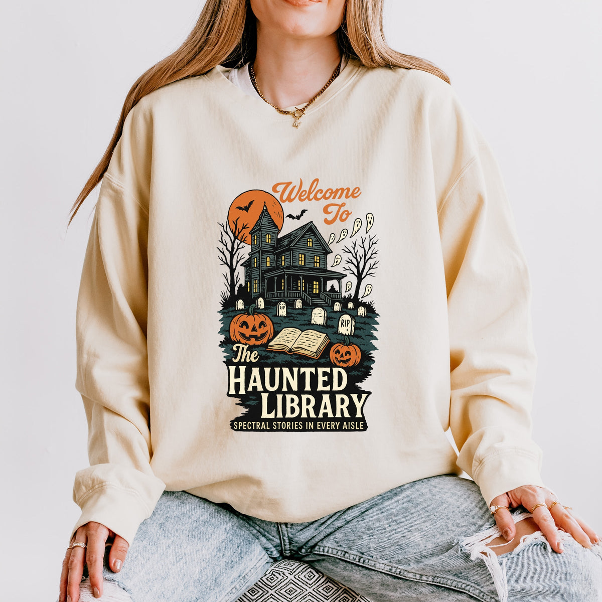 The Haunted Library - Women's Lightweight Garment Dyed Sweatshirt