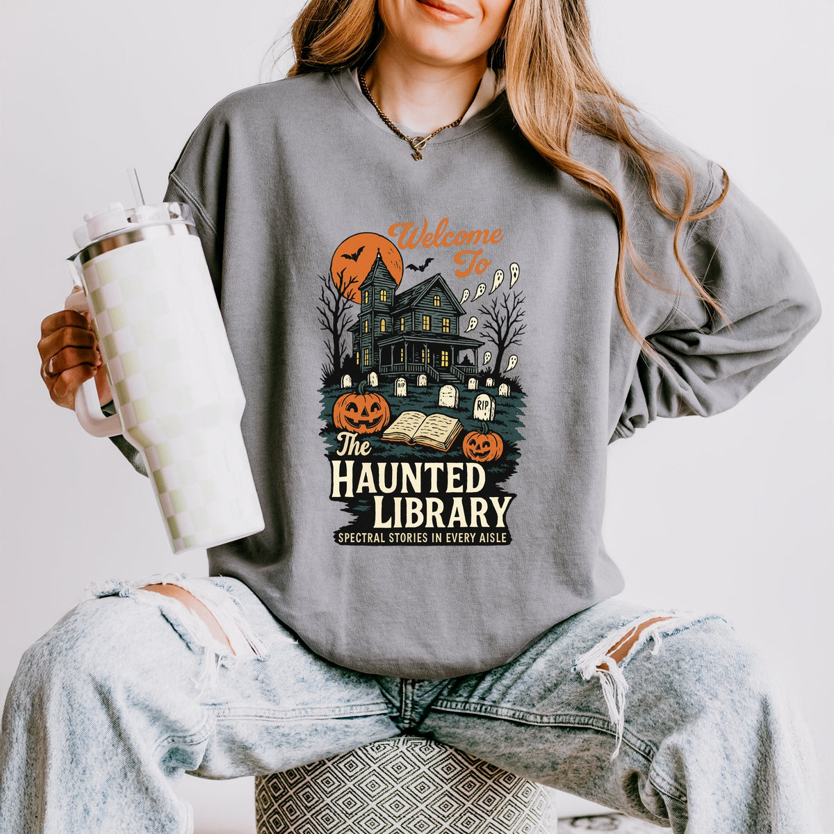 The Haunted Library - Women's Lightweight Garment Dyed Sweatshirt