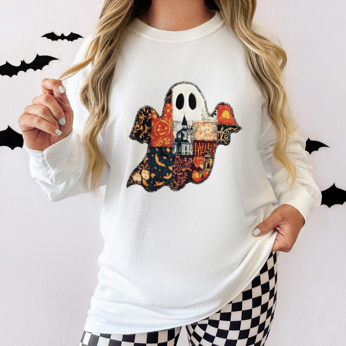 Patchwork Ghost Printed - Womens Garment Dyed Long Sleeve