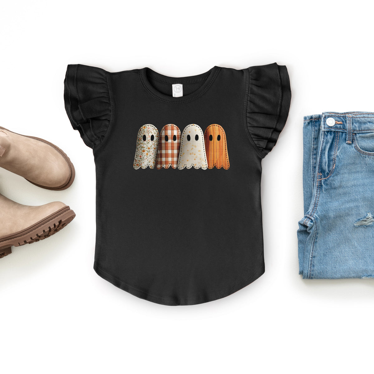 Four Ghosts Shadow Quilted Printed - Flutter Sleeve Graphic T-Shirt