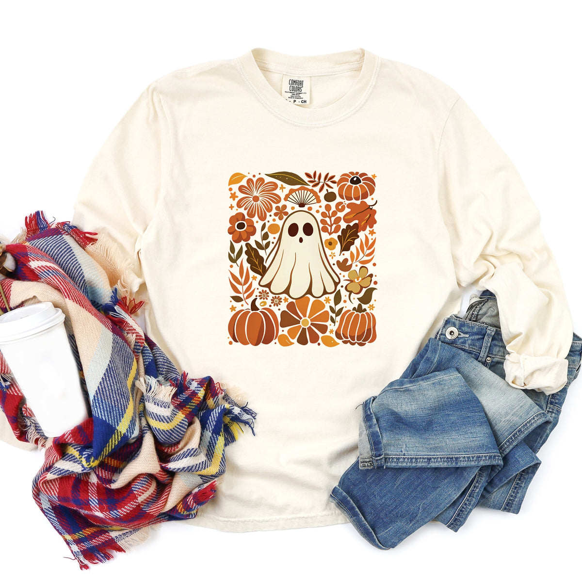 Ghost Floral Collage - Womens Garment Dyed Long Sleeve
