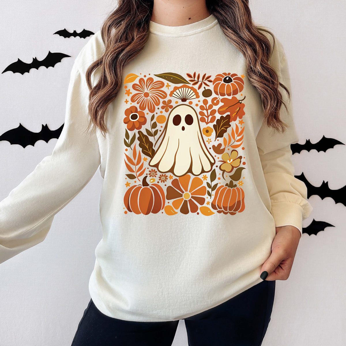 Ghost Floral Collage - Womens Garment Dyed Long Sleeve
