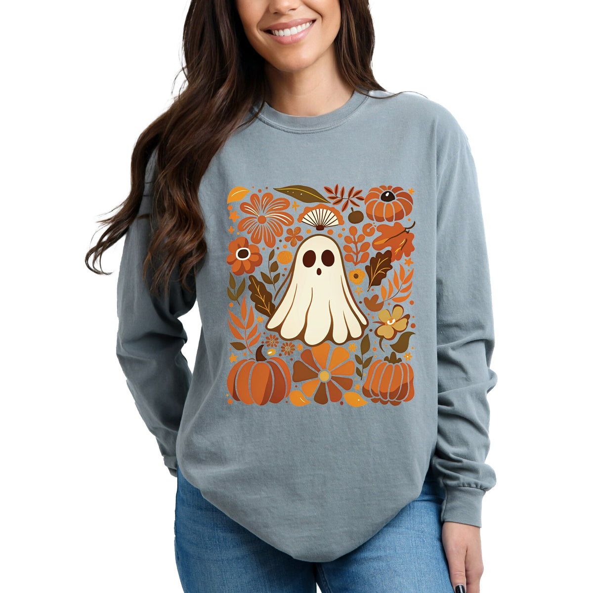 Ghost Floral Collage - Womens Garment Dyed Long Sleeve