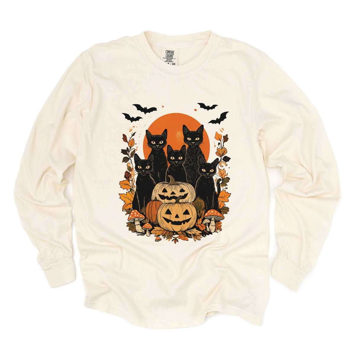 Black Cats Pumpkin Vintage - Womens Garment Dyed Long Sleeve
