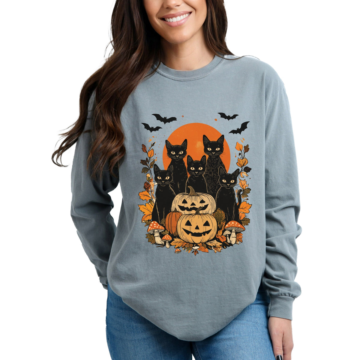 Black Cats Pumpkin Vintage - Womens Garment Dyed Long Sleeve