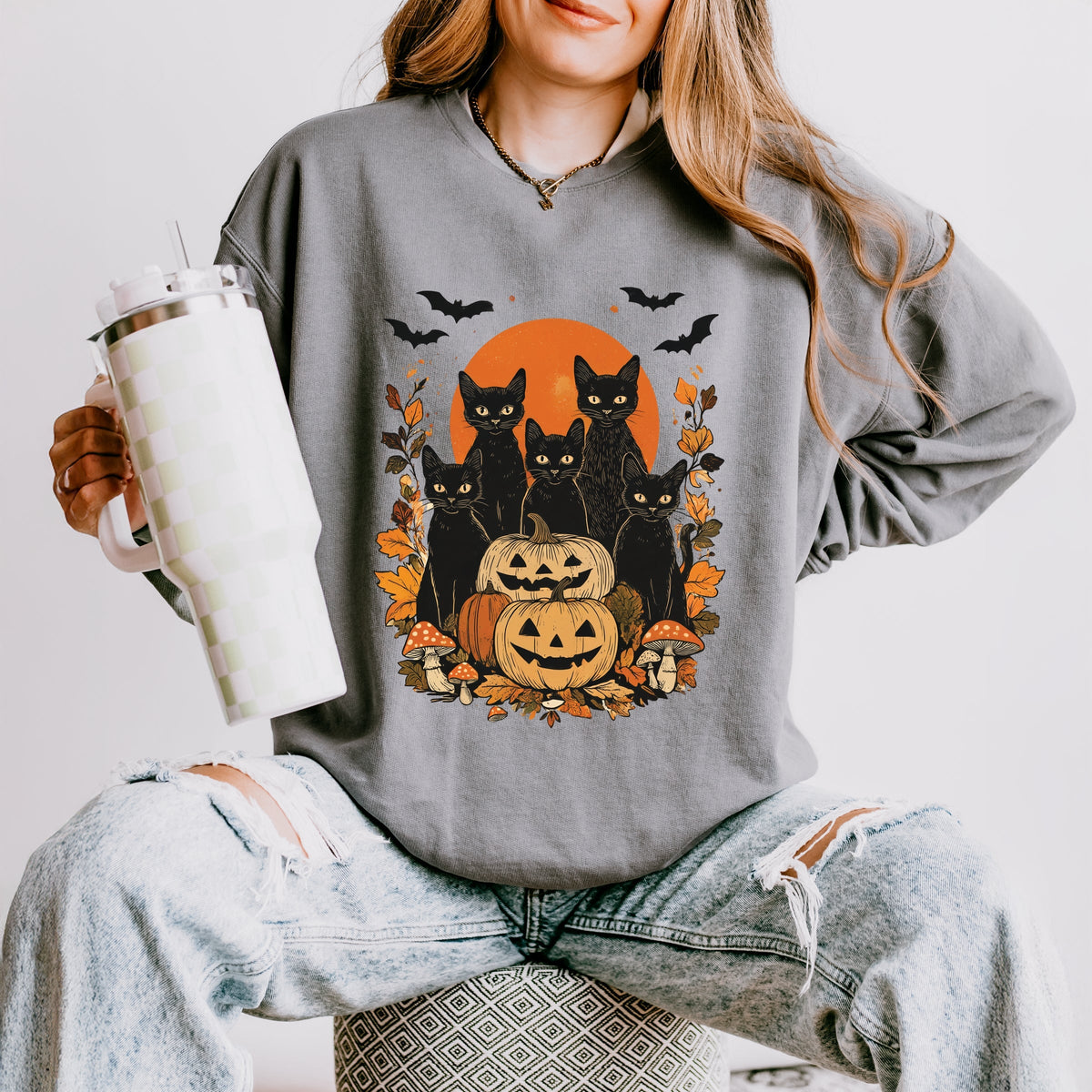 Black Cats Pumpkin Vintage - Womens Lightweight Garment Dyed Sweatshirt
