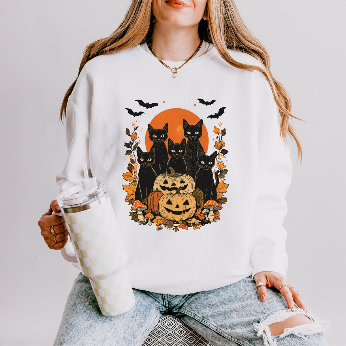 Black Cats Pumpkin Vintage - Womens Lightweight Garment Dyed Sweatshirt