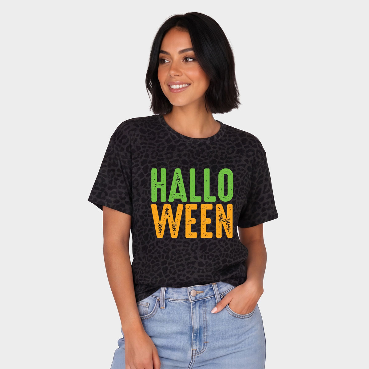 Halloween Bright Distressed - Women's Leopard Print Tee