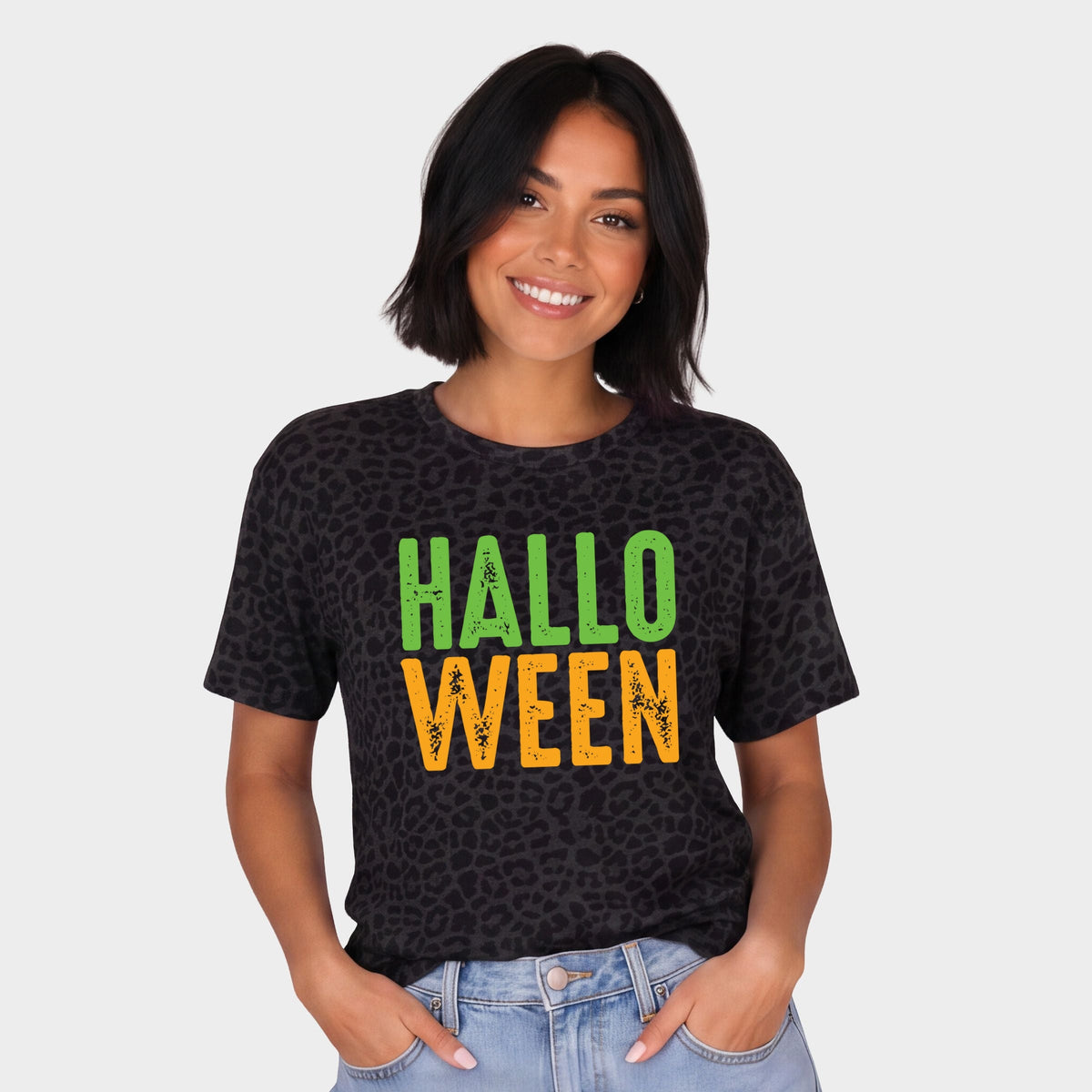 Halloween Bright Distressed - Women's Leopard Print Tee