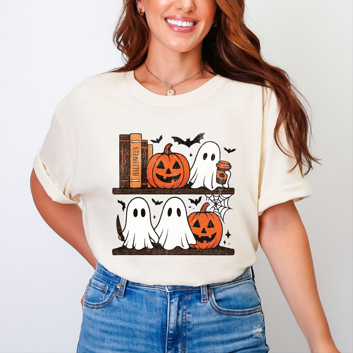 Halloween Bookshelf Ghosts - Garment Dyed Tee