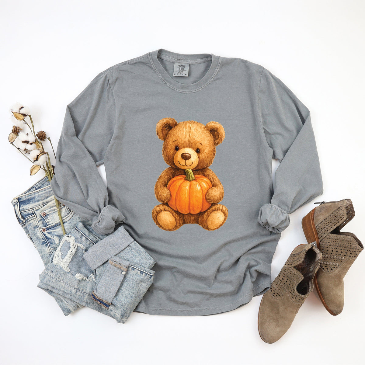 Watercolor Pumpkin Bear - Womens Garment Dyed Long Sleeve
