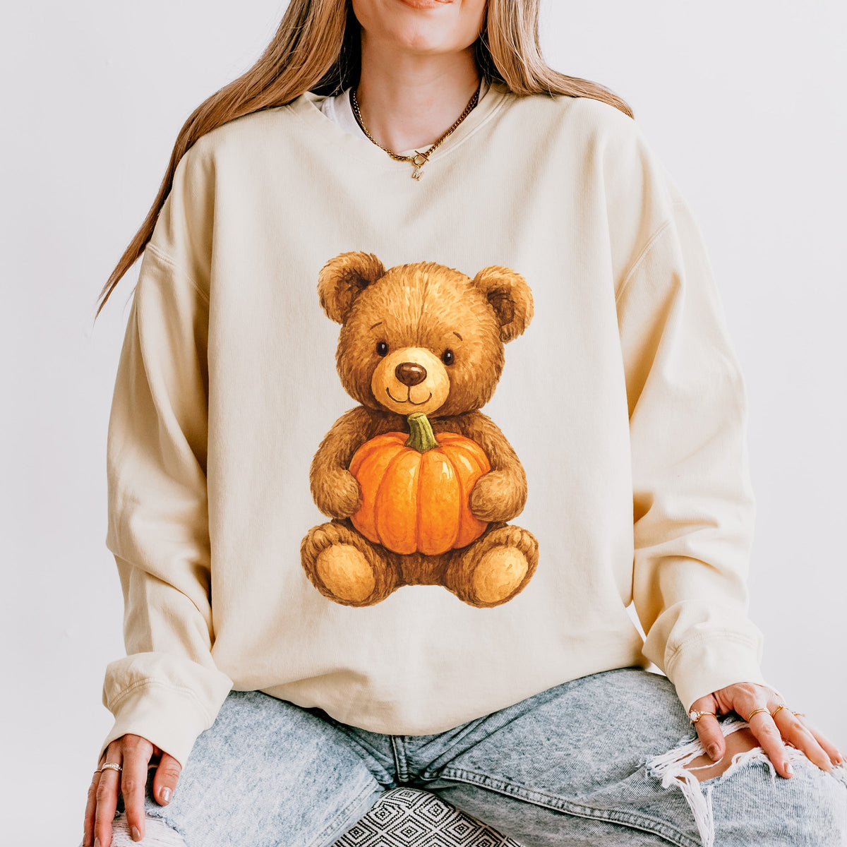 Watercolor Pumpkin Bear - Womens Lightweight Garment Dyed Sweatshirt