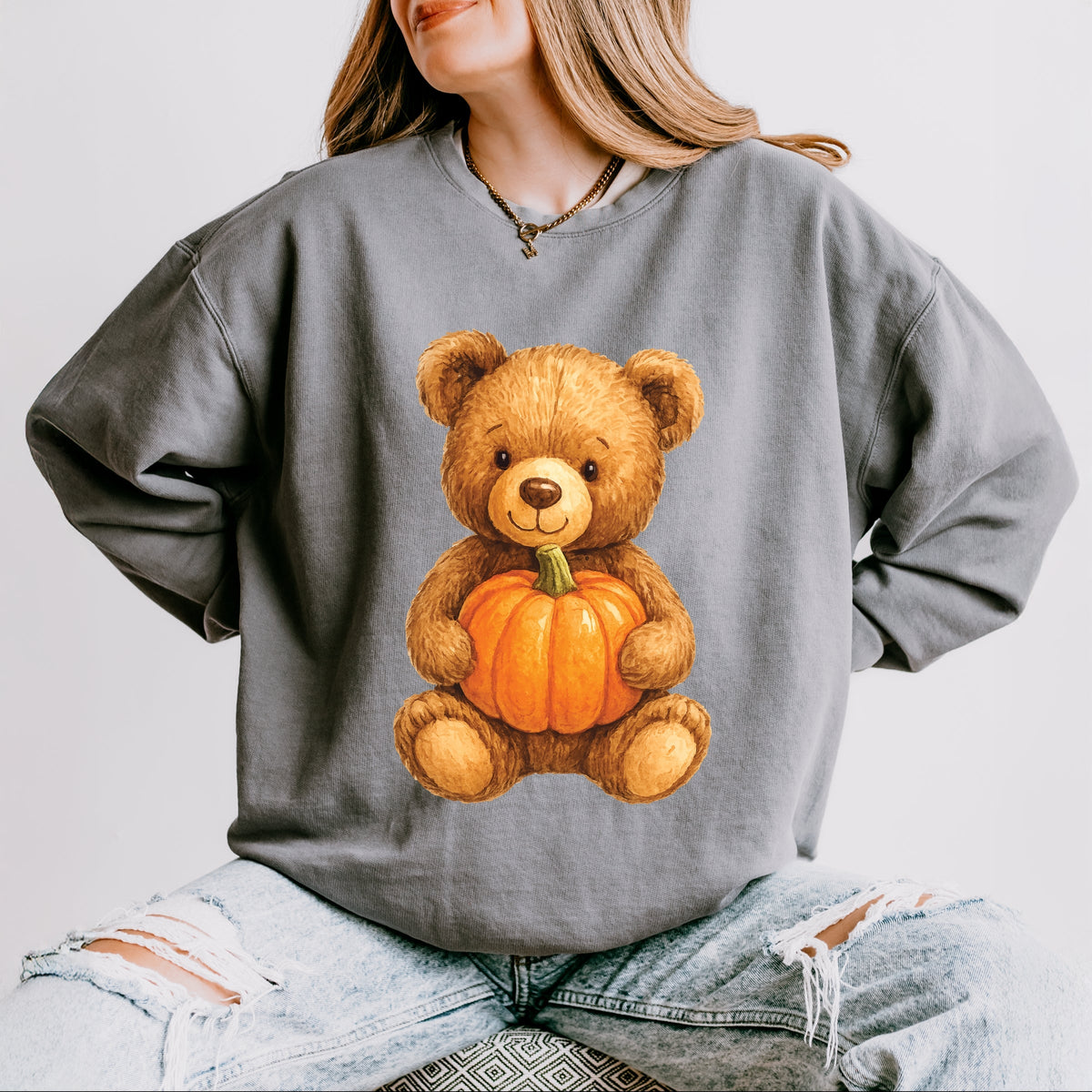 Watercolor Pumpkin Bear - Womens Lightweight Garment Dyed Sweatshirt