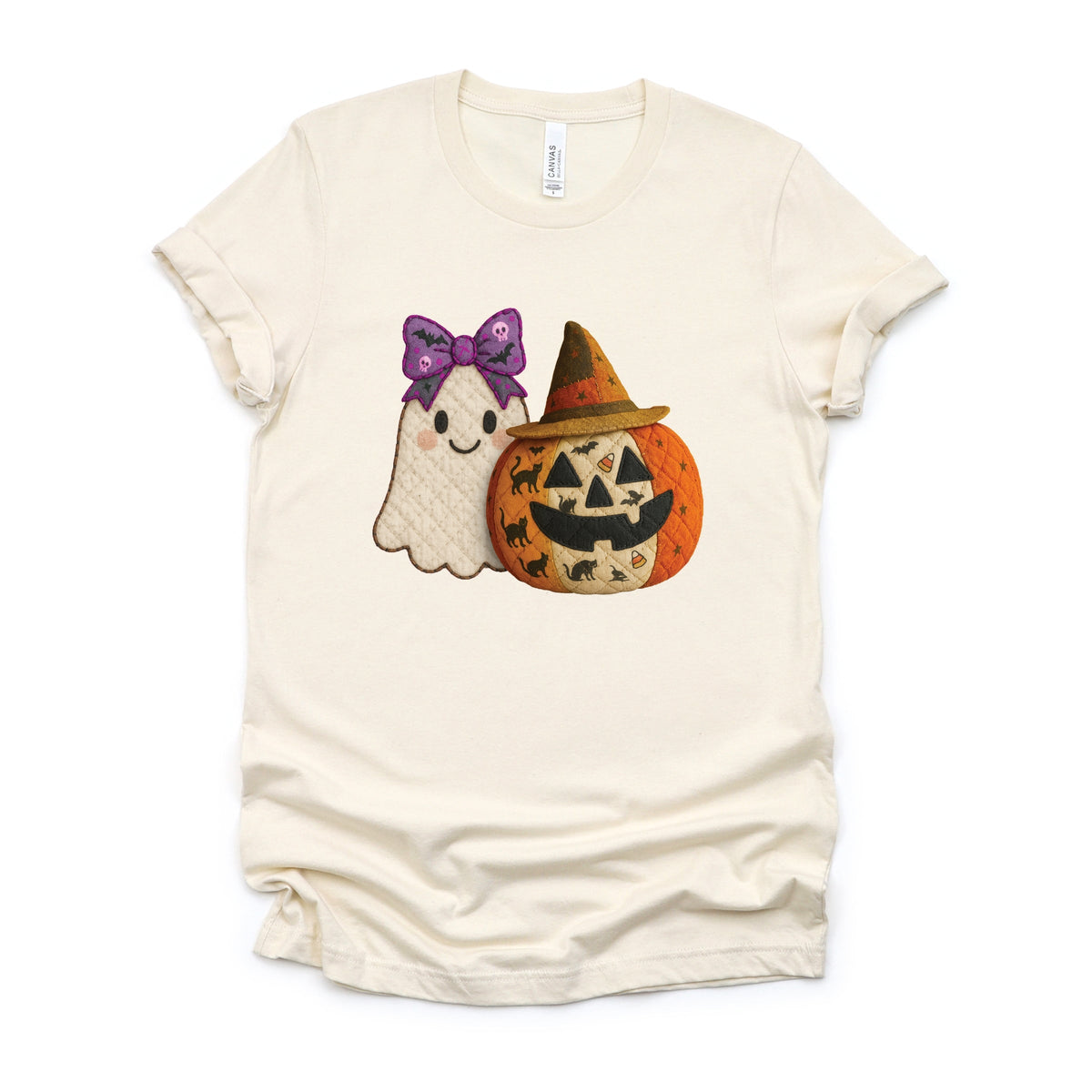 Ghost and Pumpkin Patchwork Print - Women's Short Sleeve Tee