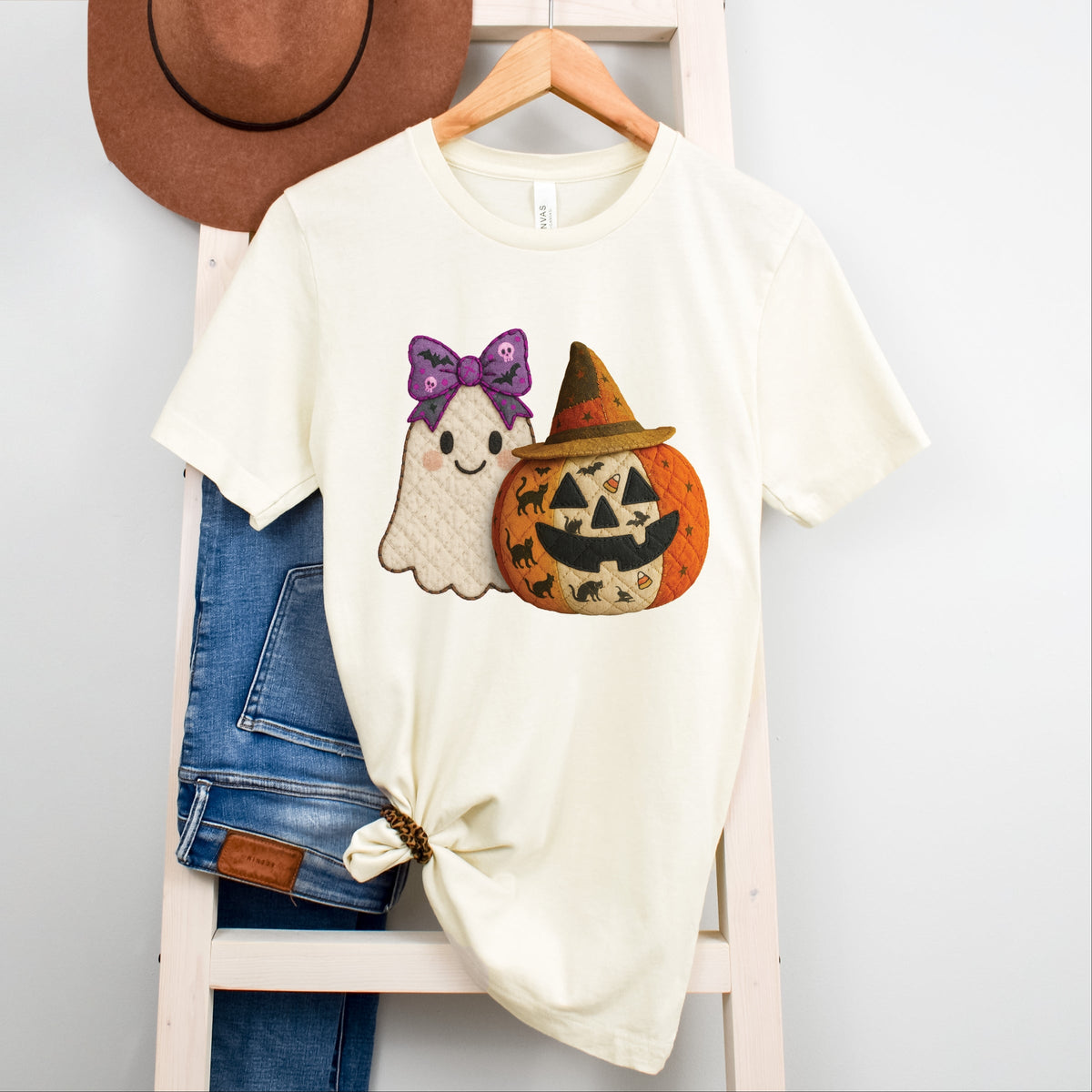 Ghost and Pumpkin Patchwork Print - Women's Short Sleeve Tee