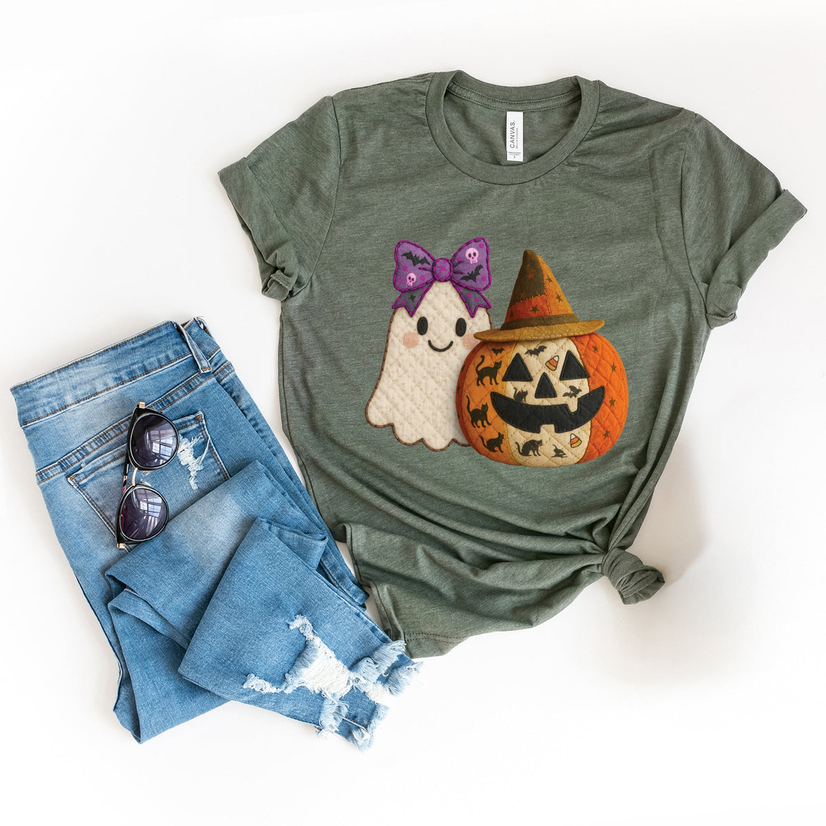 Ghost and Pumpkin Patchwork Print - Women's Short Sleeve Tee
