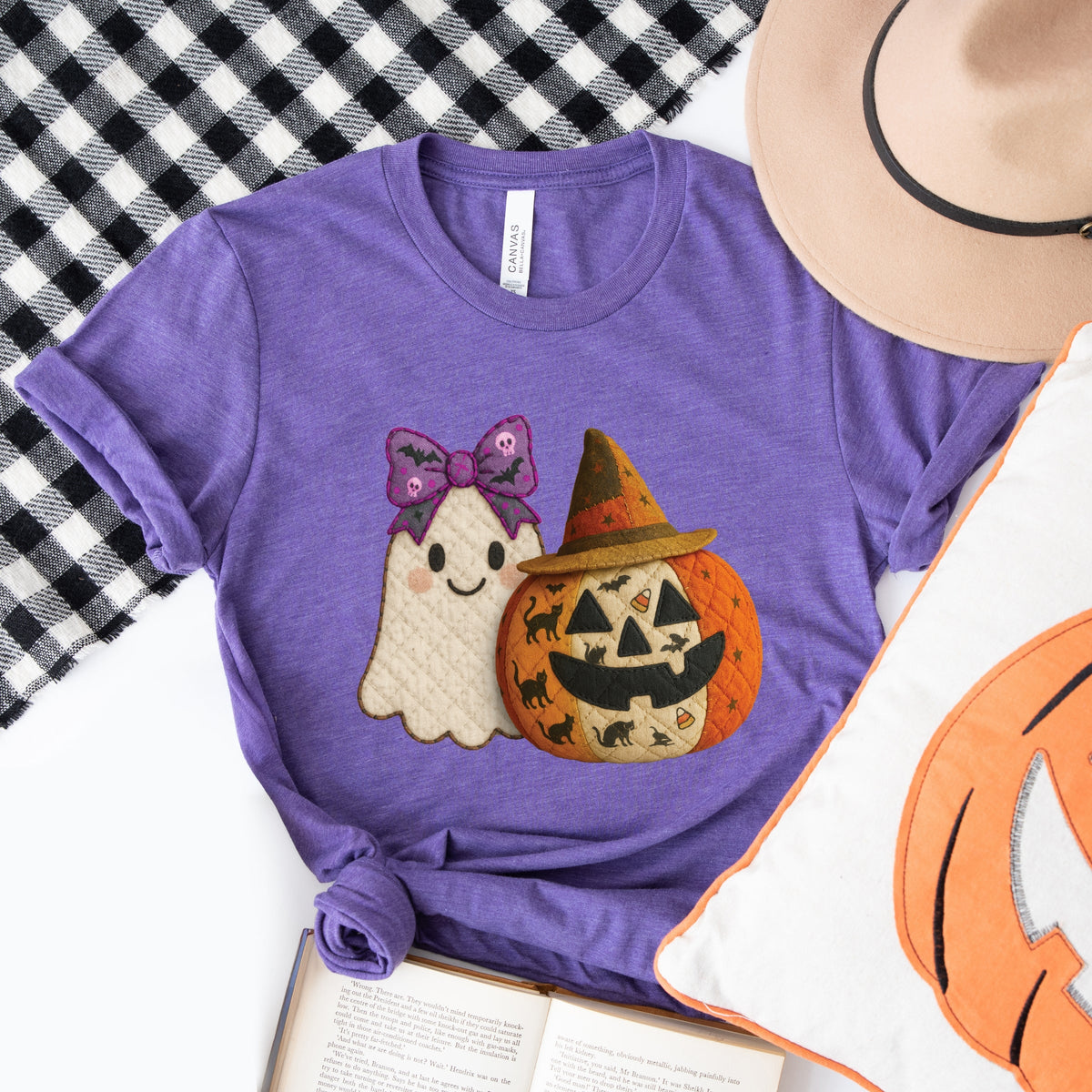 Ghost and Pumpkin Patchwork Print - Women's Short Sleeve Tee