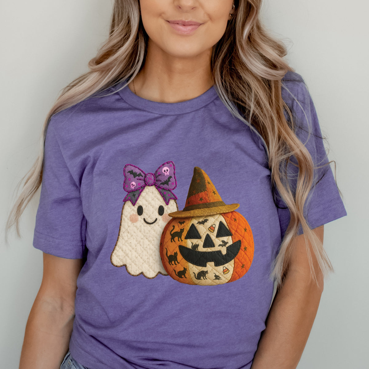 Ghost and Pumpkin Patchwork Print - Women's Short Sleeve Tee