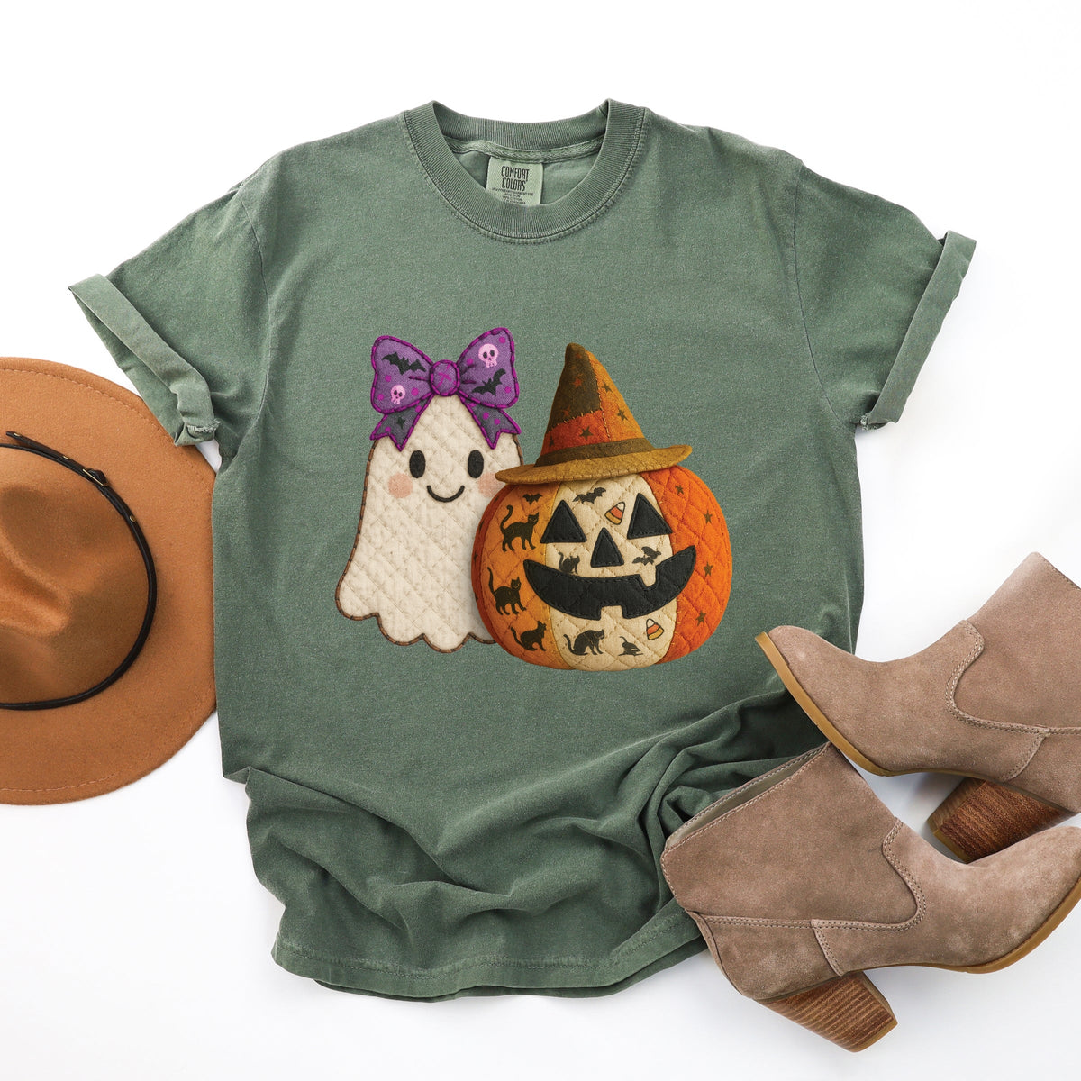 Ghost and Pumpkin Patchwork Print - Women's Garment Dyed Tee