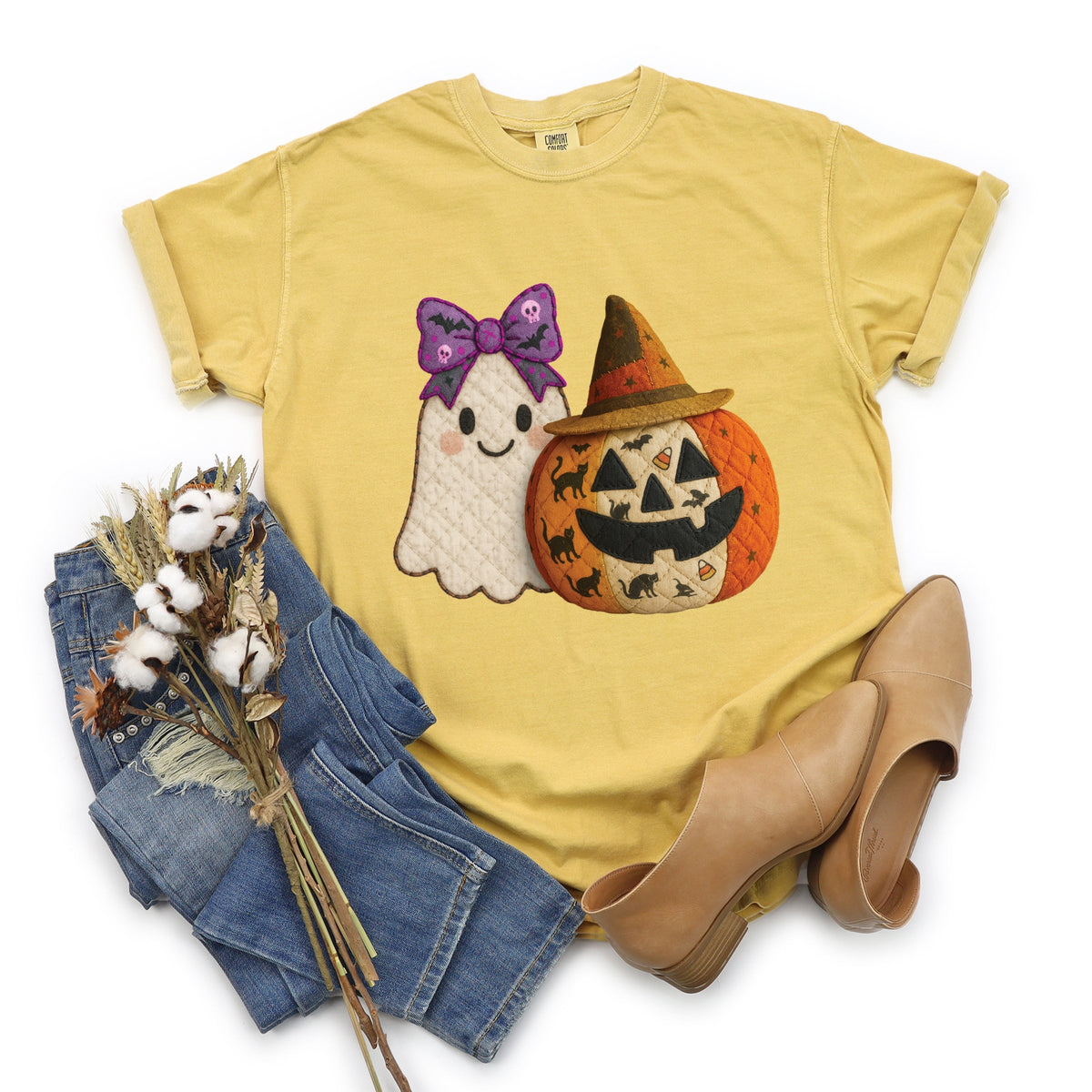 Ghost and Pumpkin Patchwork Print - Women's Garment Dyed Tee