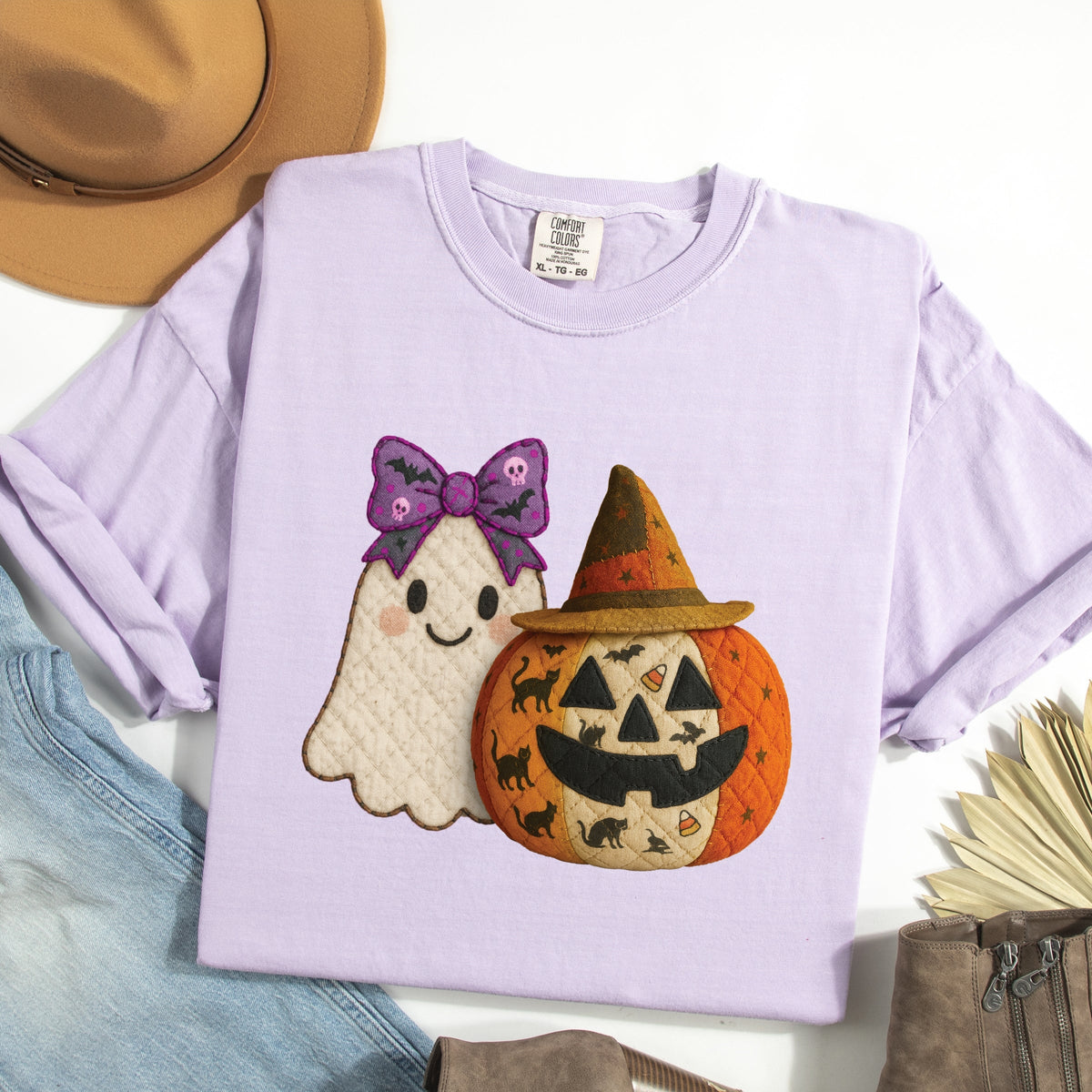 Ghost and Pumpkin Patchwork Print - Women's Garment Dyed Tee