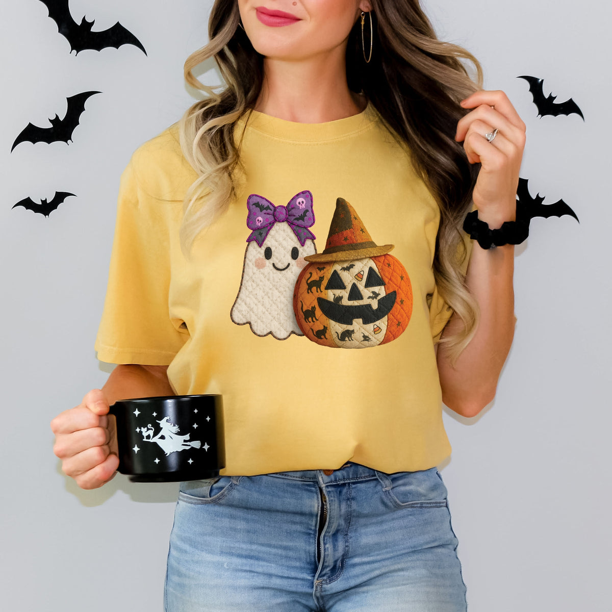 Ghost and Pumpkin Patchwork Print - Women's Garment Dyed Tee