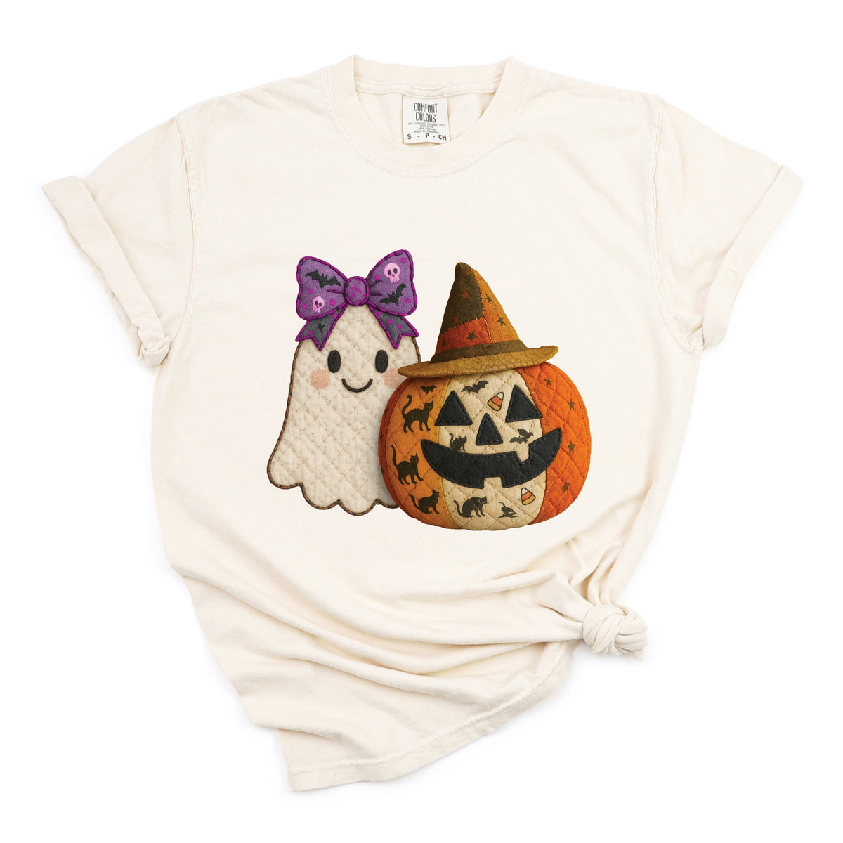 Ghost and Pumpkin Patchwork Print - Women's Garment Dyed Tee