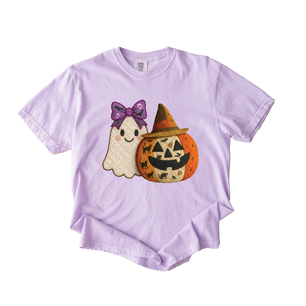 Ghost and Pumpkin Patchwork Print - Women's Garment Dyed Tee