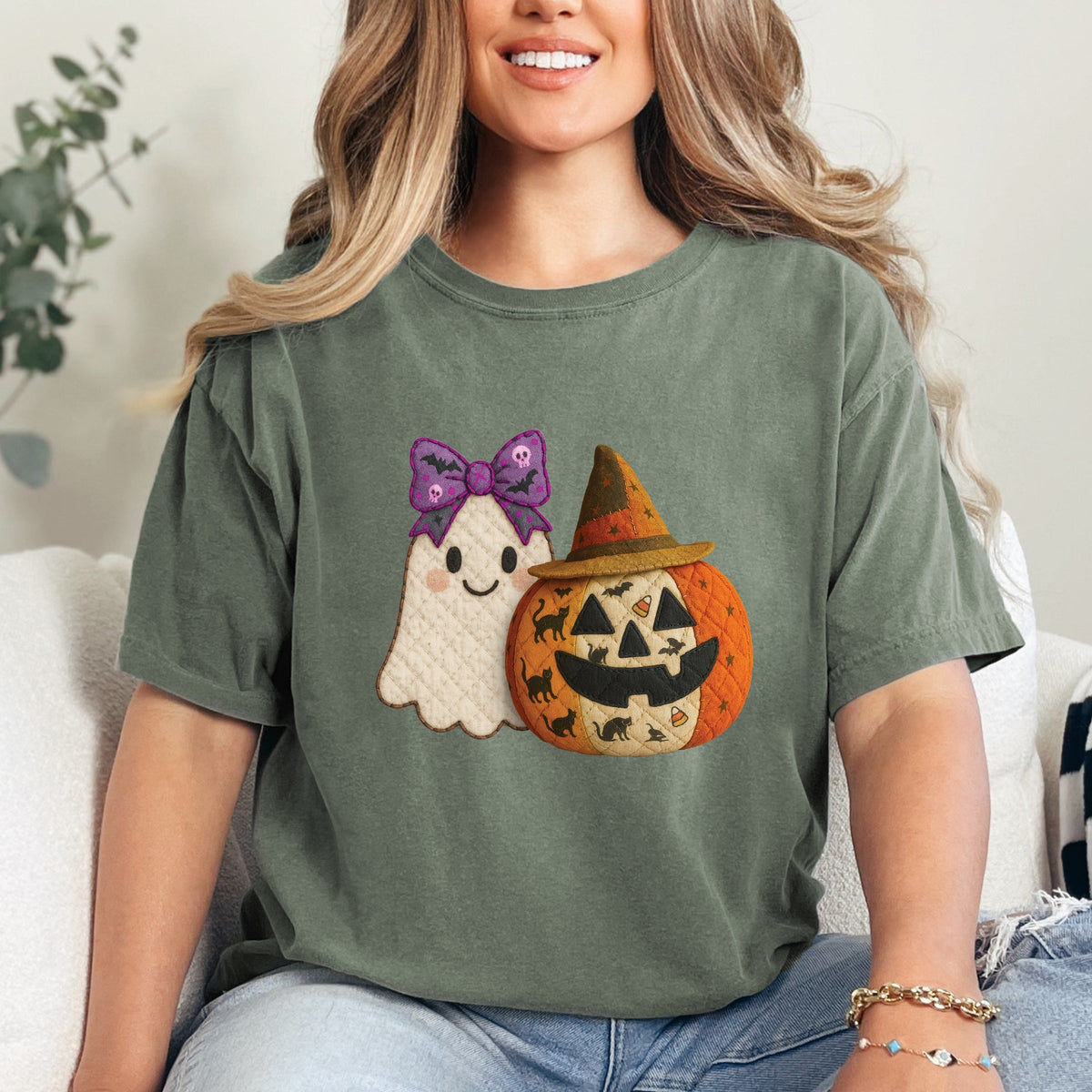 Ghost and Pumpkin Patchwork Print - Women's Garment Dyed Tee