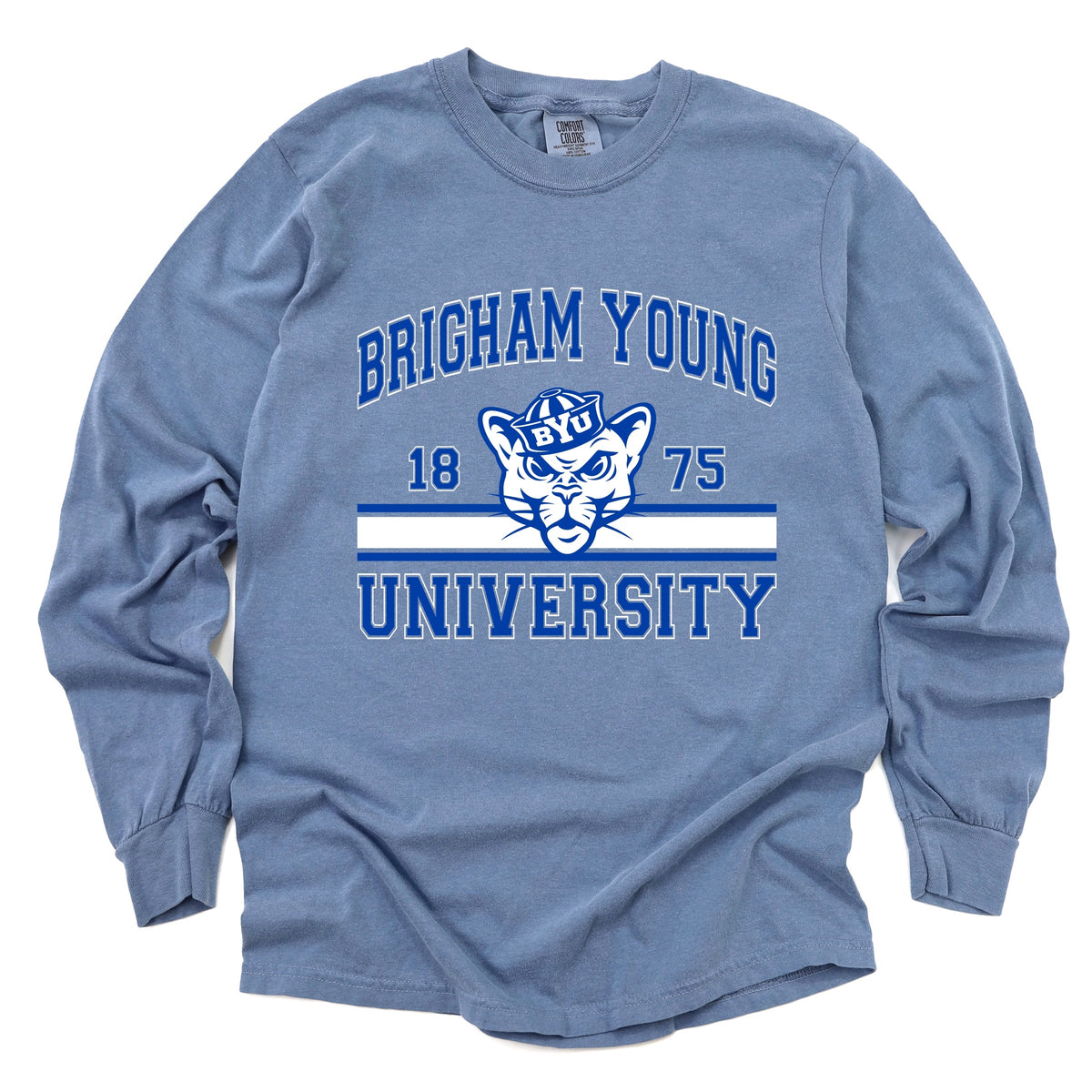 Licensed Brigham Young University 1875 Cosmo - Women's Garment Dyed Long Sleeve Graphic T-Shirt