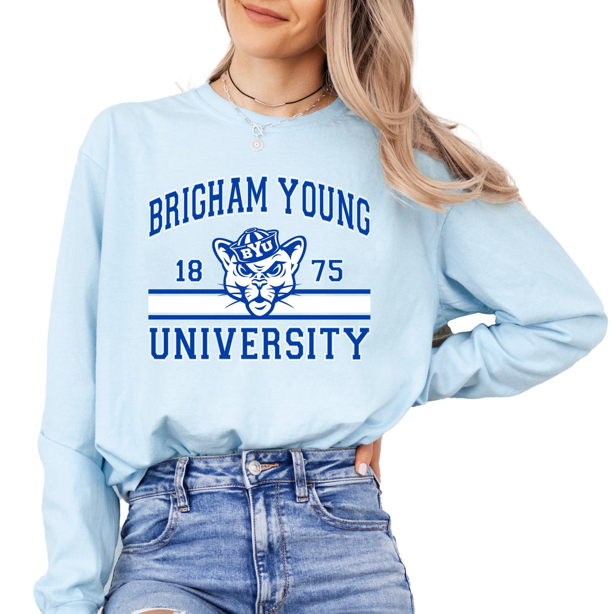 Licensed Brigham Young University 1875 Cosmo - Women's Garment Dyed Long Sleeve Graphic T-Shirt