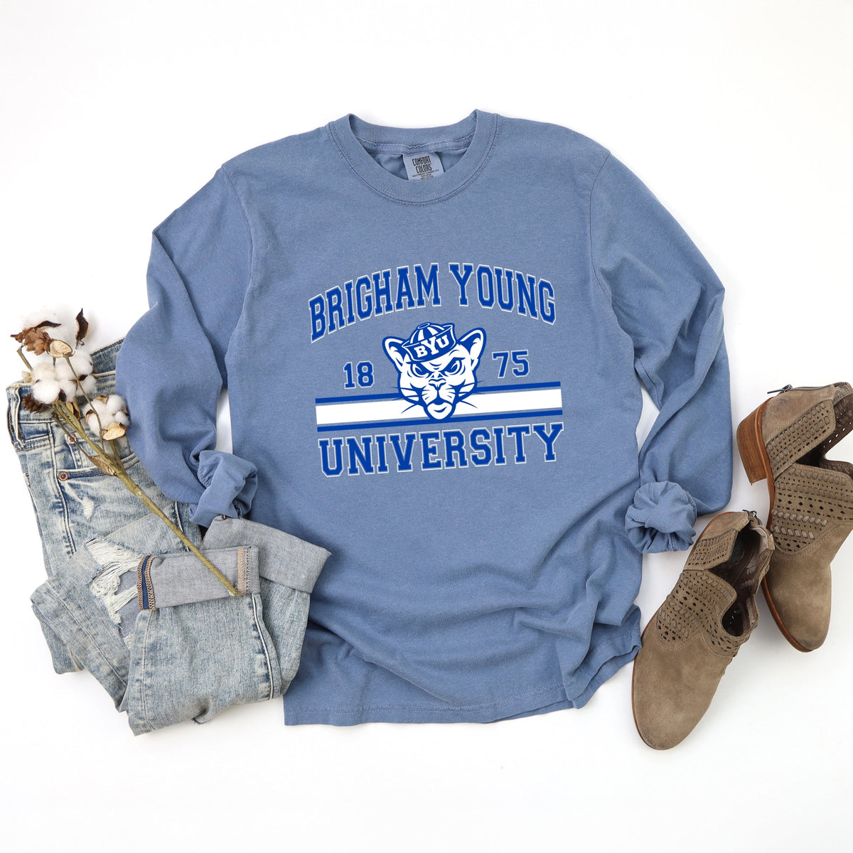 Licensed Brigham Young University 1875 Cosmo - Women's Garment Dyed Long Sleeve Graphic T-Shirt