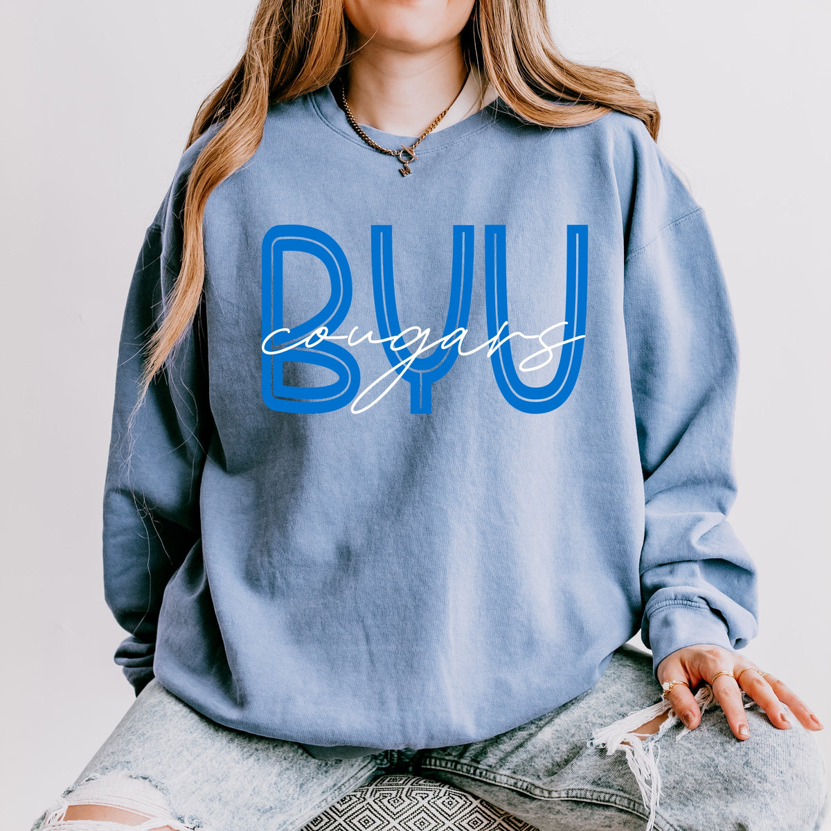 Licensed BYU Cougars Cursive - Women's Lightweight Garment Dyed Sweatshirt
