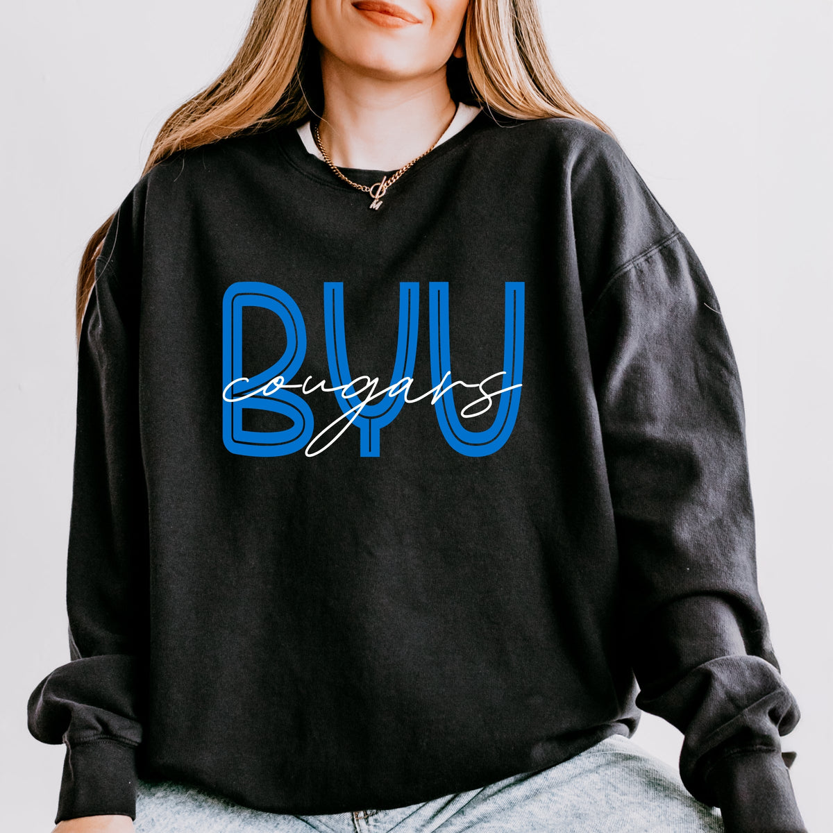 Licensed BYU Cougars Cursive - Women's Lightweight Garment Dyed Sweatshirt