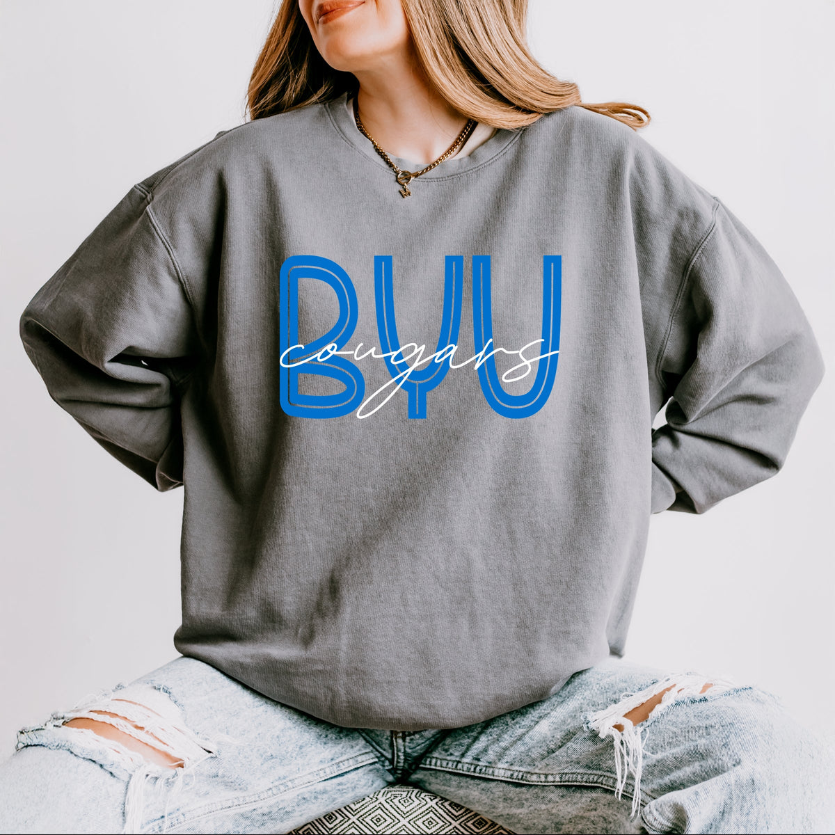 Licensed BYU Cougars Cursive - Women's Lightweight Garment Dyed Sweatshirt